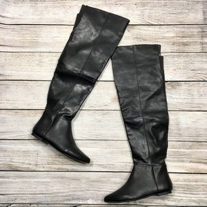 Black faux leather flat pointy over the knee boots